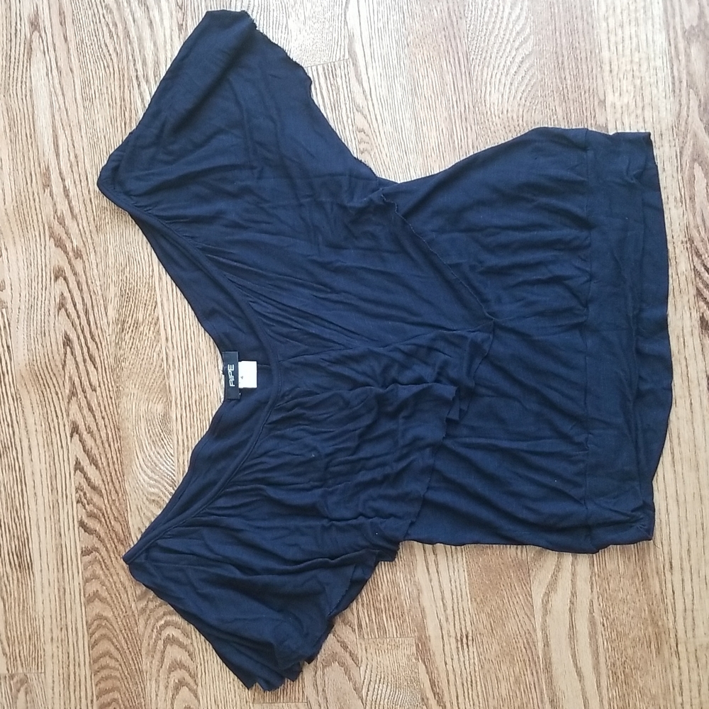 (L) RIPE Black Flowy V Neck Top with Cute Details Ruffle Stretch Comfortable
